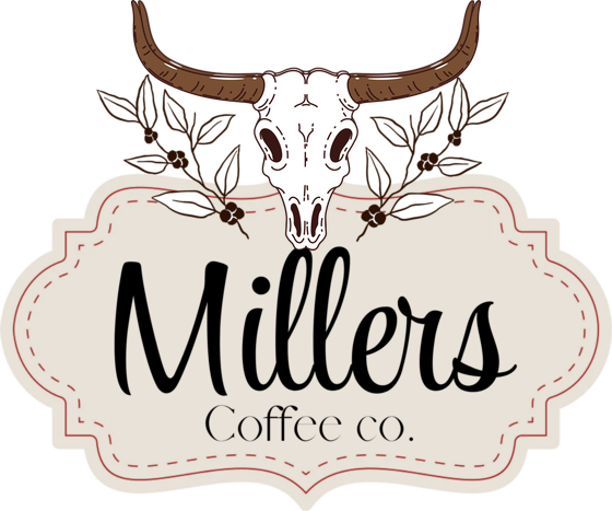 Millers Coffee Co. logo with bull skull, horns, coffee branches, stitched badge, and script wordmark